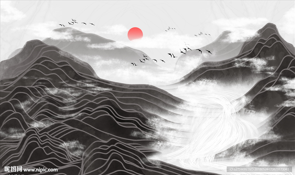 新中式手绘水墨山水电视背景墙