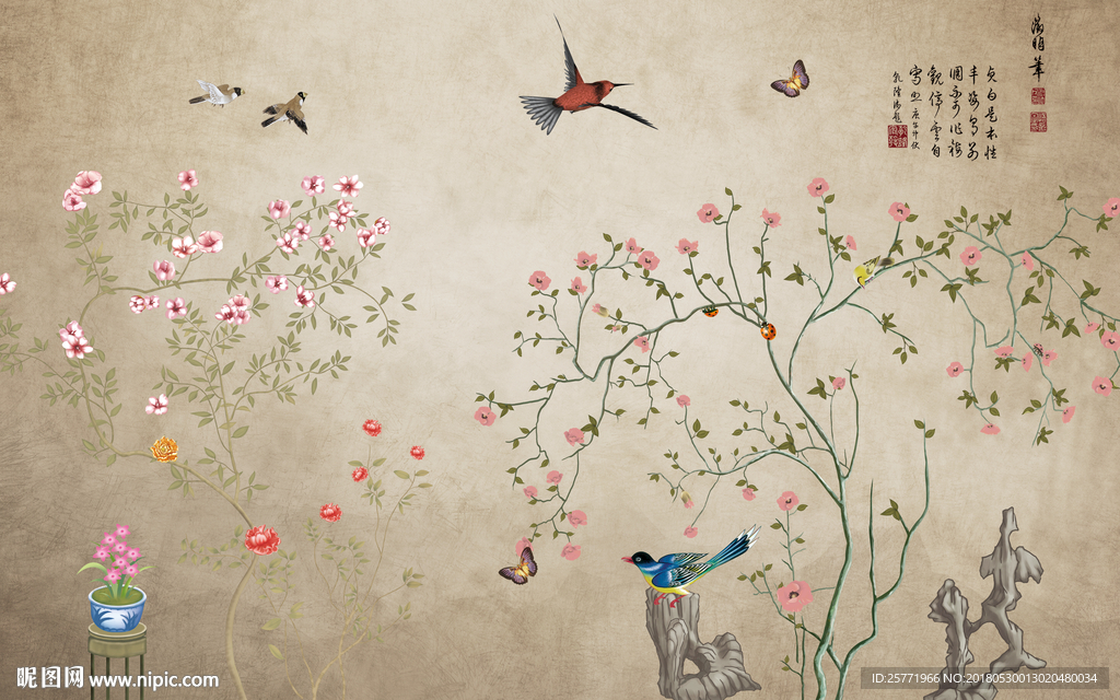 大型分层花鸟国画背景墙壁纸