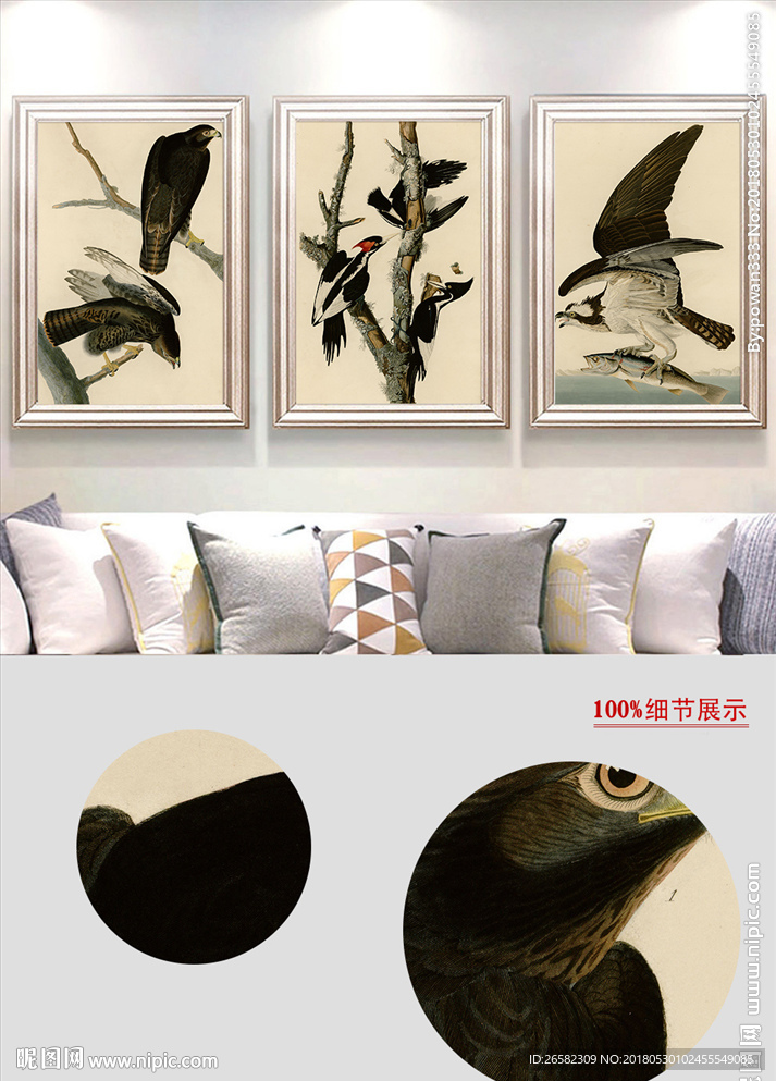 现代欧式手绘复古花鸟无框画