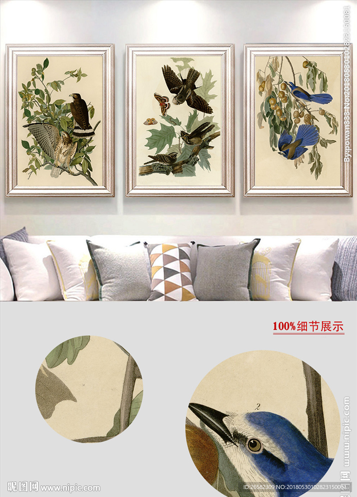 欧美复古手绘花鸟花卉客厅装饰画