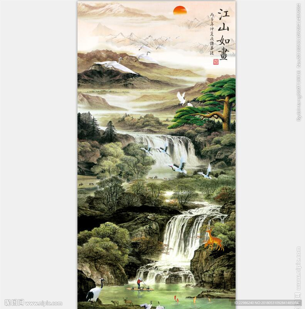 江山如画国画山水中式玄关背景墙