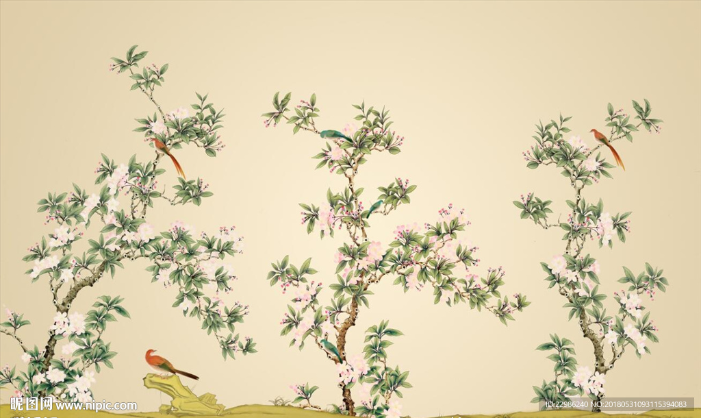 高清工笔花鸟新中式背景墙壁画图