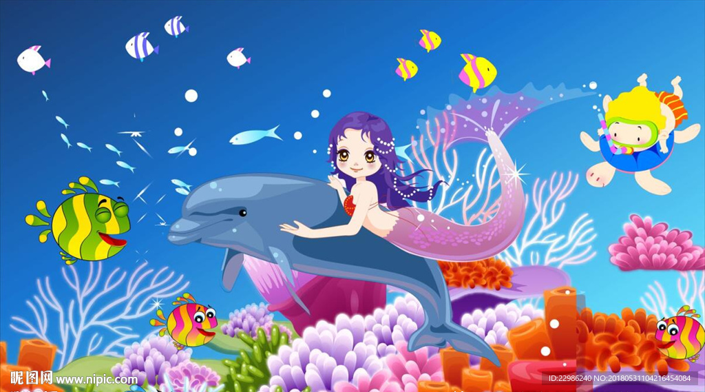 手绘美人鱼装饰背景墙壁画矢量图