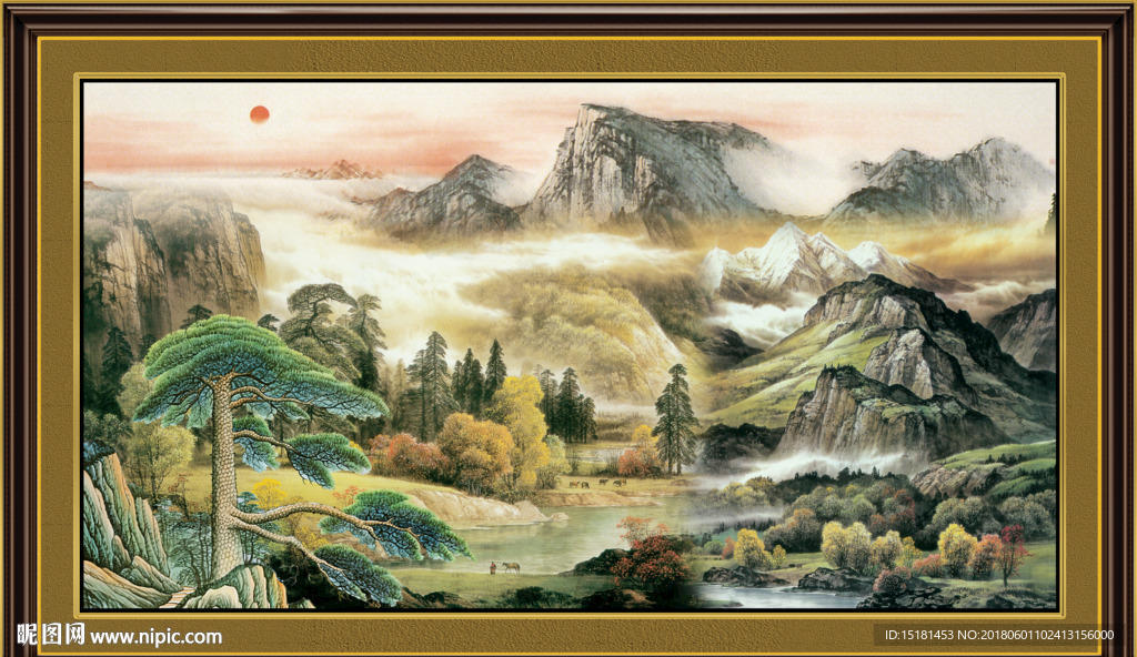 国画山水迎客松