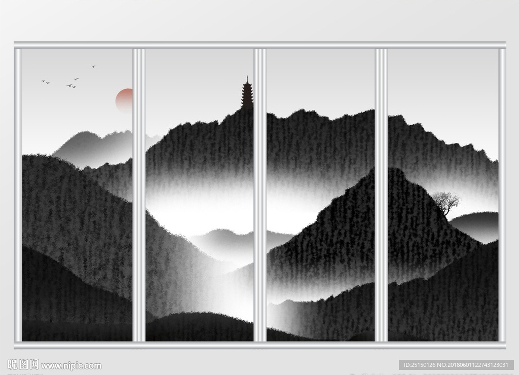中国风黑白山水移门