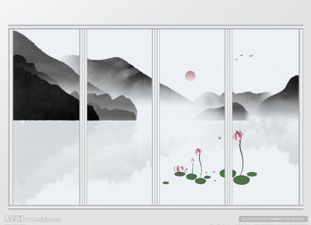 中国风睡莲水墨山水移门