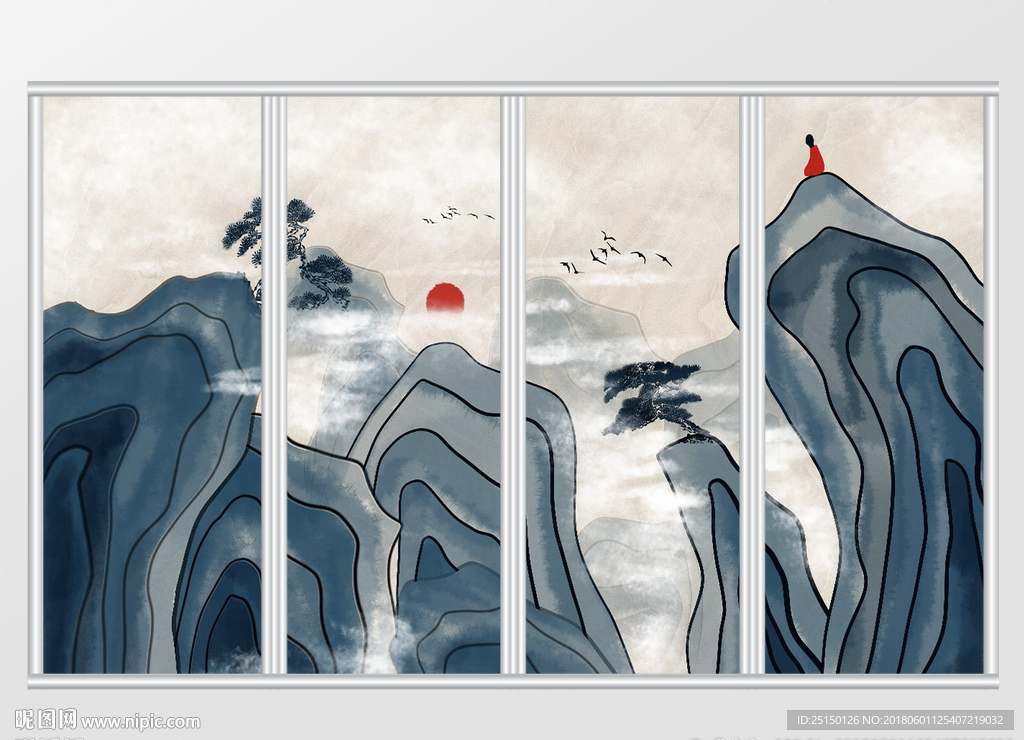 中式意境山水画移门