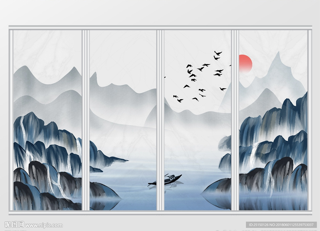 中式意境手绘山水画移门