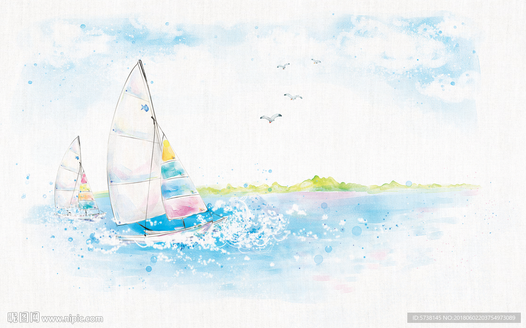 插画手绘夏季清新海景电视背景底