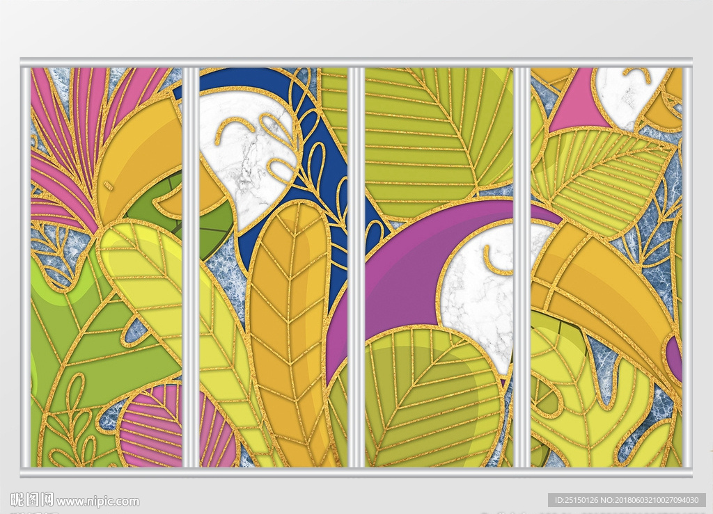 小清新热带树叶金色叶子移门