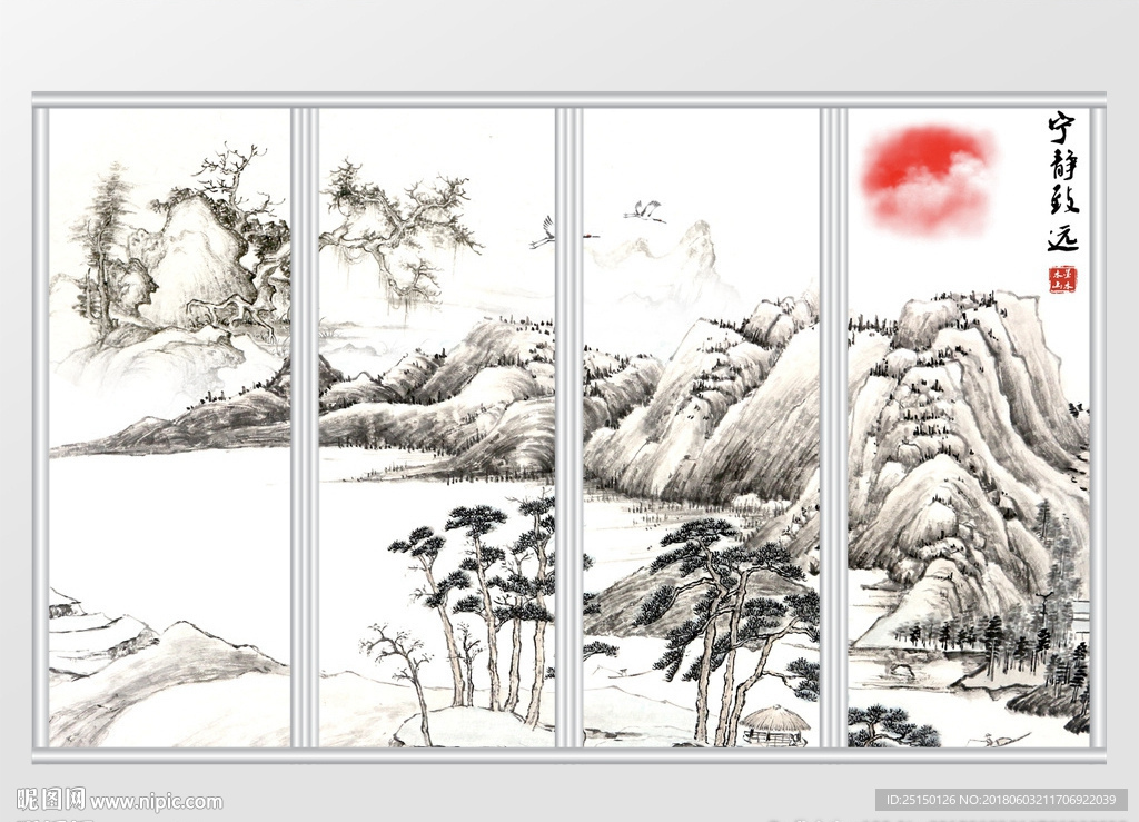 水墨山水仙鹤移门