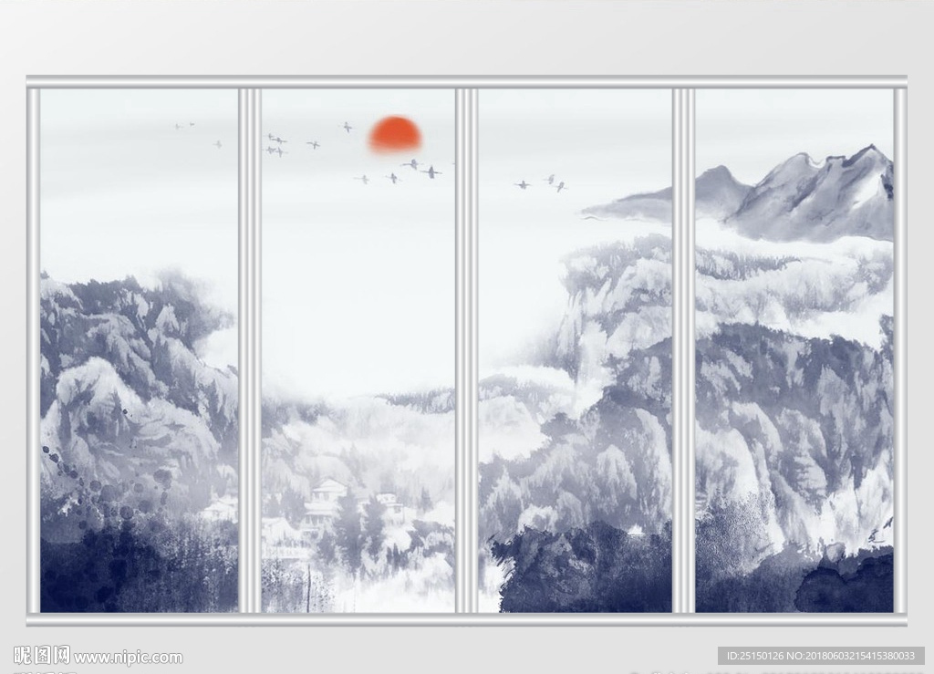 中国风水墨抽象山水移门