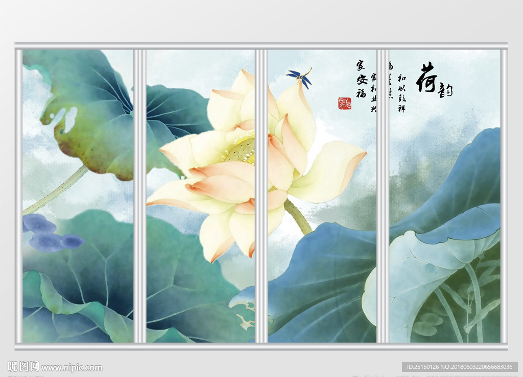 中式手绘荷花移门