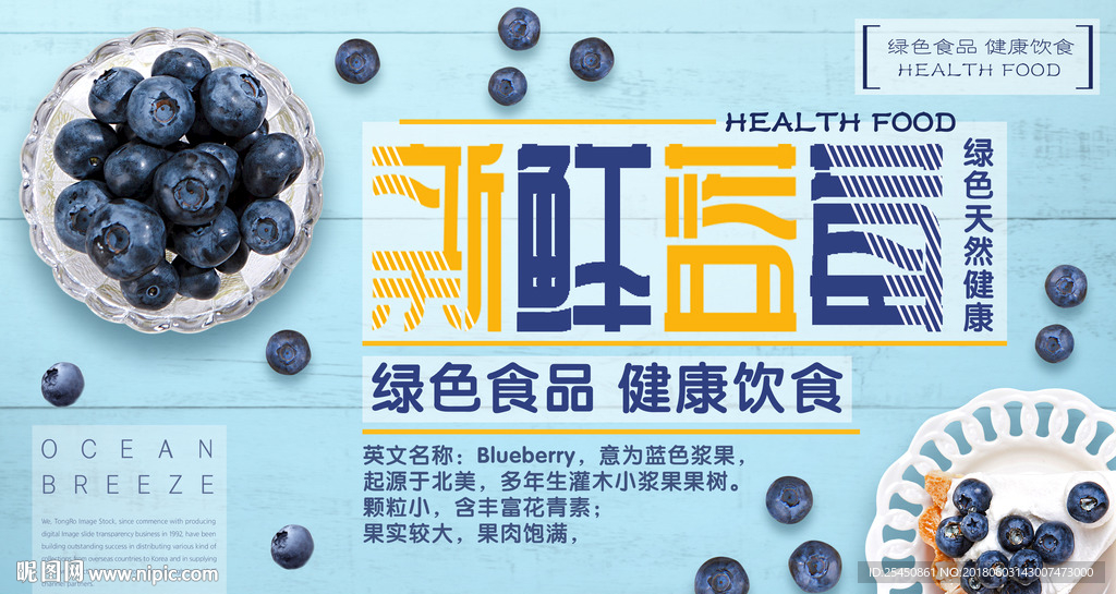 蓝色简约清新夏季水果蓝莓展板