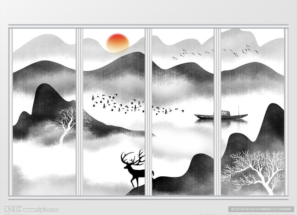 新中式黑白山水画移门