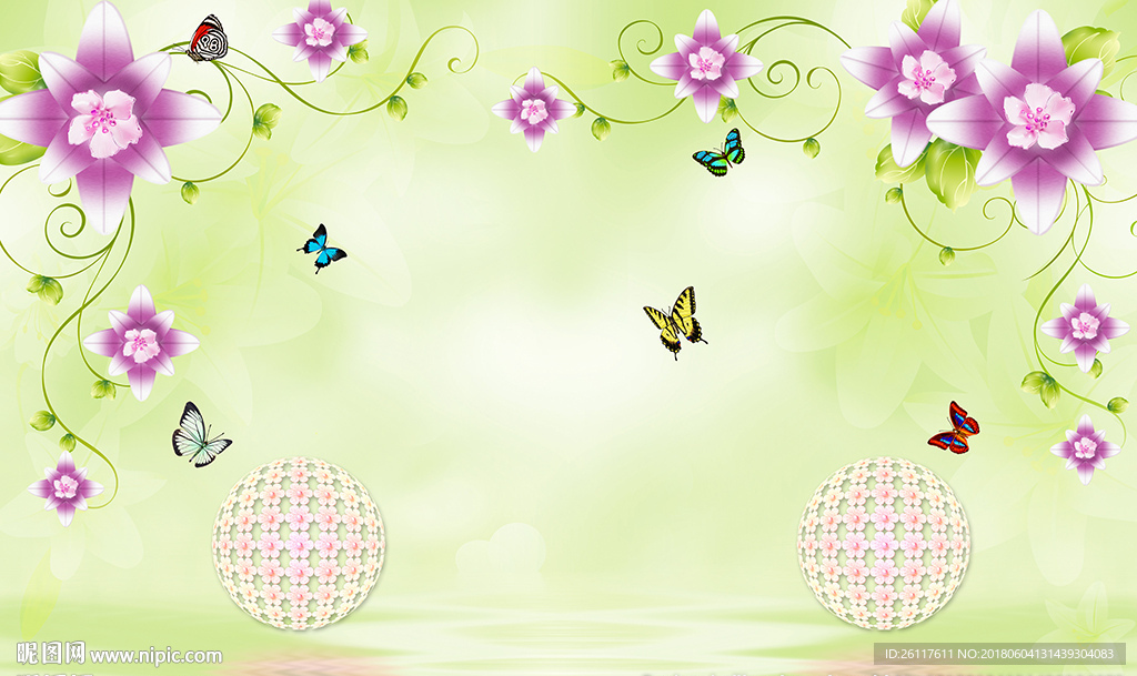 现代花卉蝴蝶梦幻花球电视背景墙