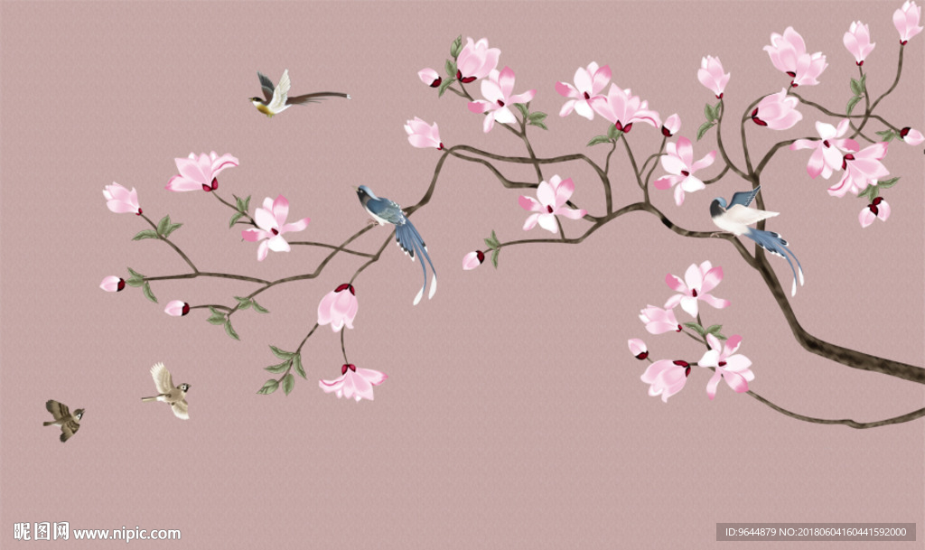 中式玉兰手绘工笔花鸟壁画