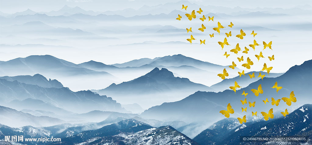 中式水墨山水蝴蝶影视背景墙