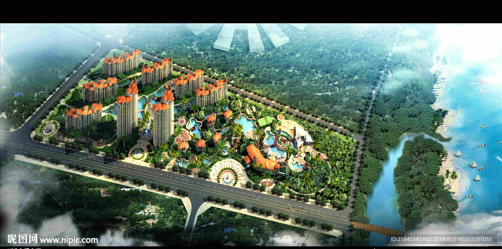 鸟瞰海边城市景观图