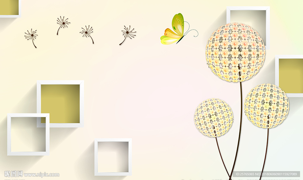 梦幻花卉蝴蝶简约框框电视背景墙