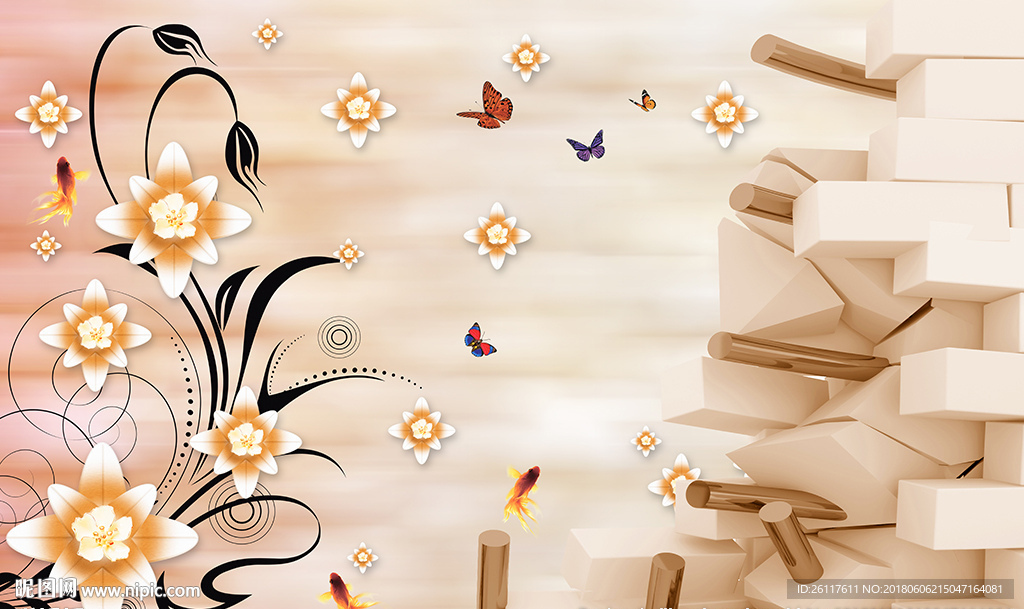 现代花卉蝴蝶简约砖墙电视背景墙