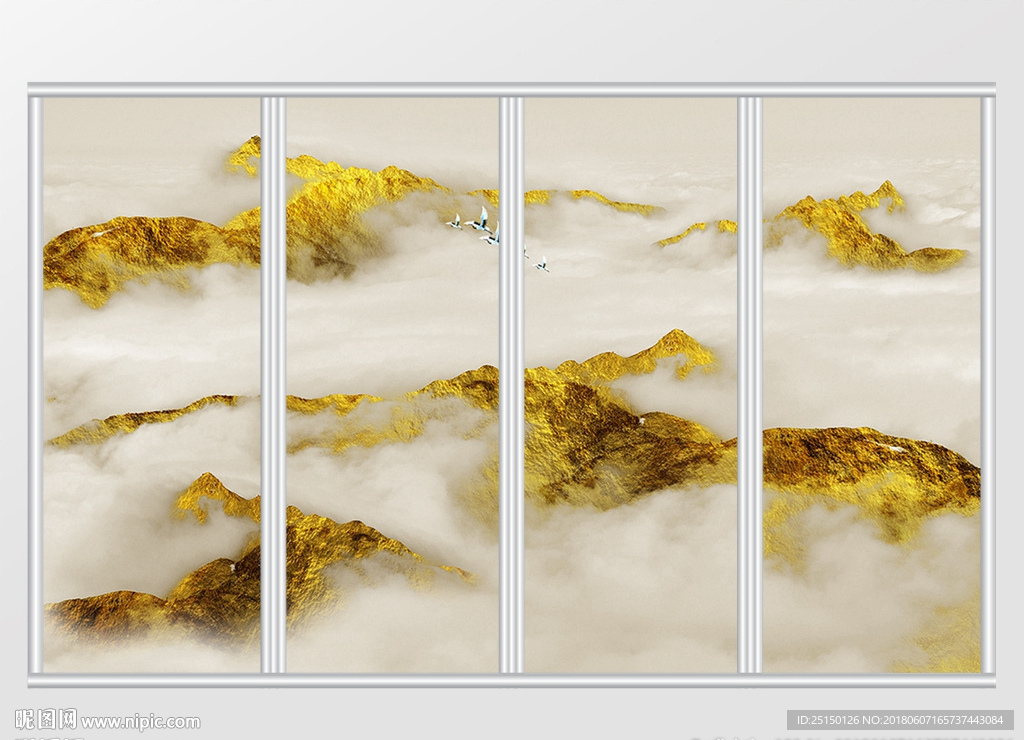 中式创意金色山水风景移门