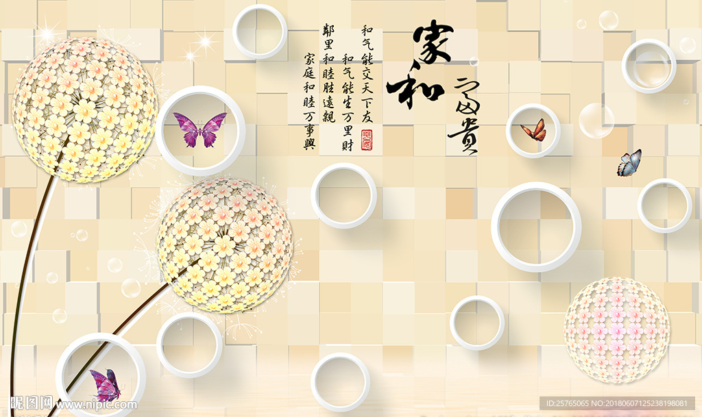 梦幻花卉蝴蝶简约圈圈电视背景墙