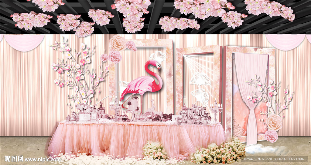 粉色樱花火烈鸟主题甜品区