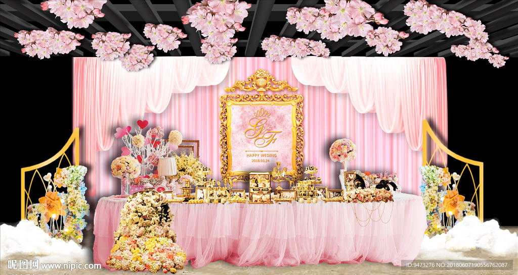 粉金色婚礼甜品区