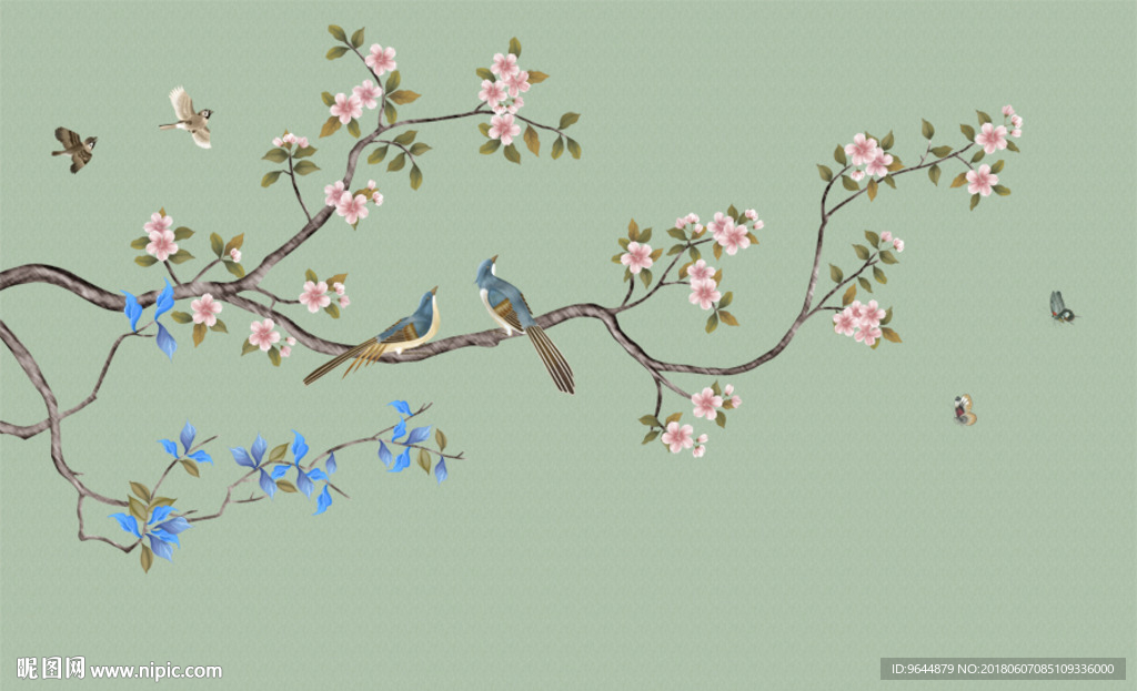手绘工笔中式花鸟壁画