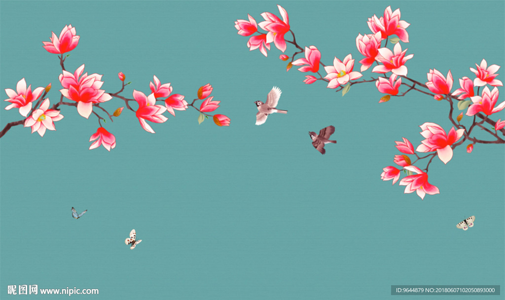 新中式手绘玉兰工笔花鸟壁画