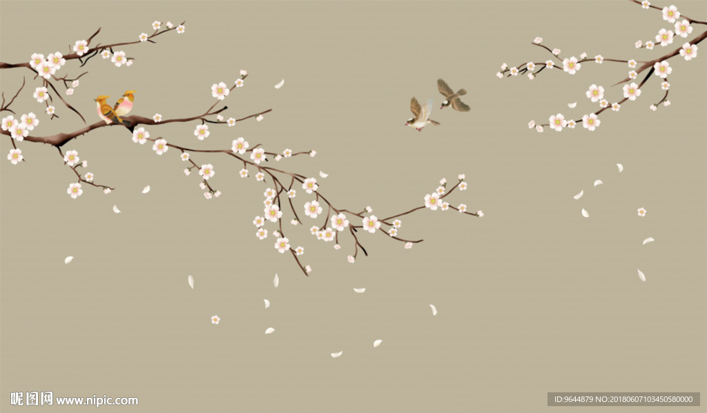 中式手绘工笔花鸟壁画背景墙