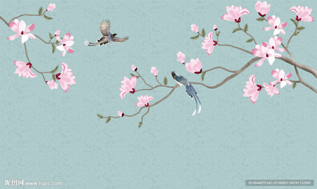 手绘工笔花鸟玉兰