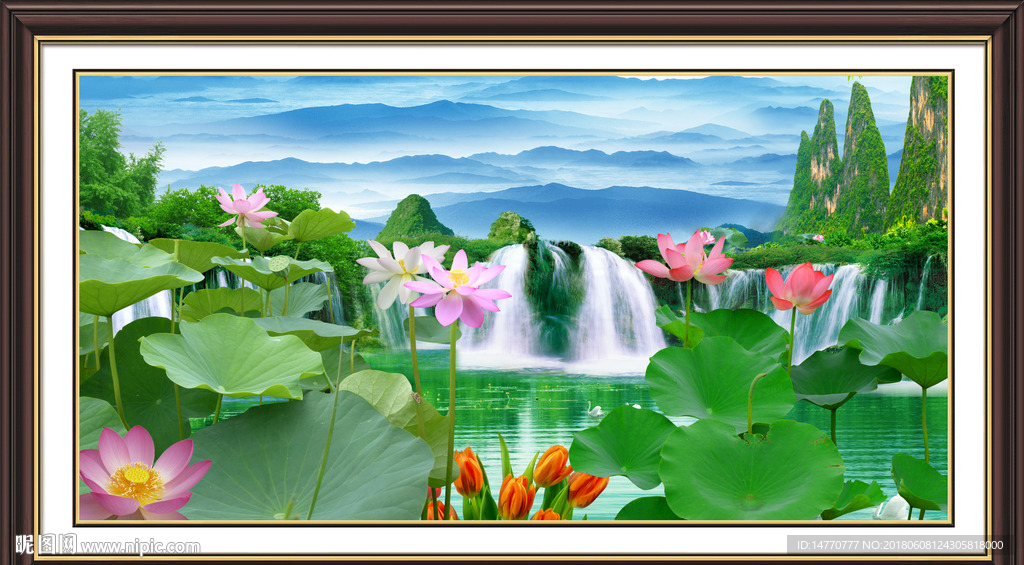 国画荷花山水风景