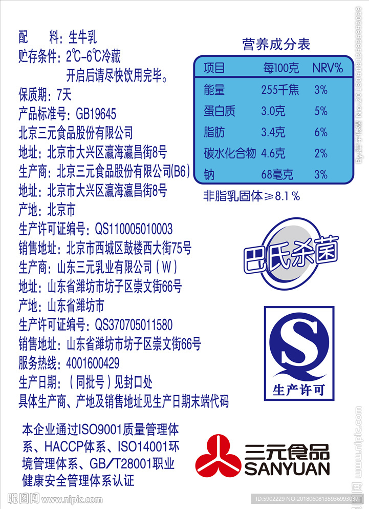 三元牛奶包装盒侧面