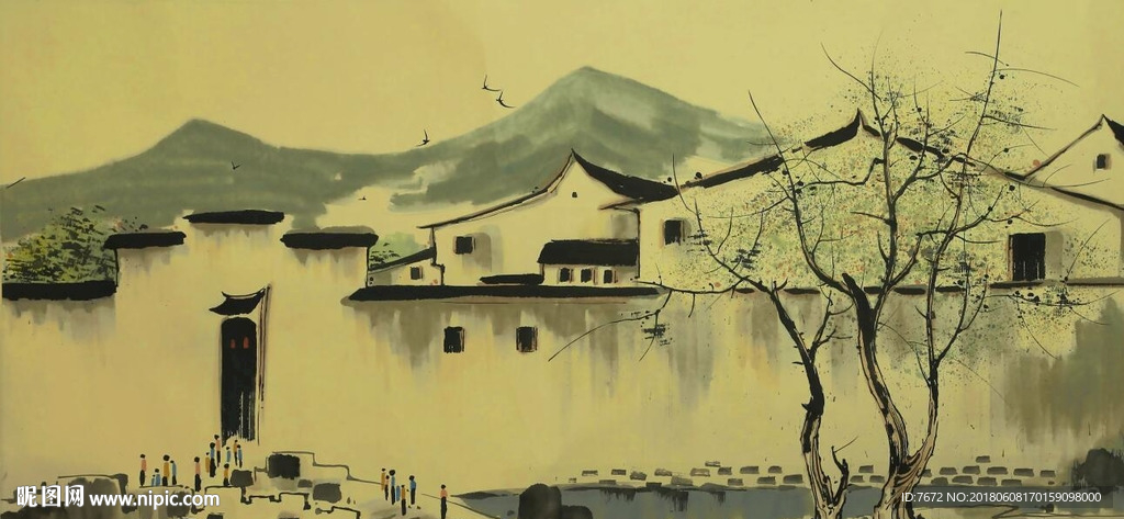 高清手绘中式房屋装饰画