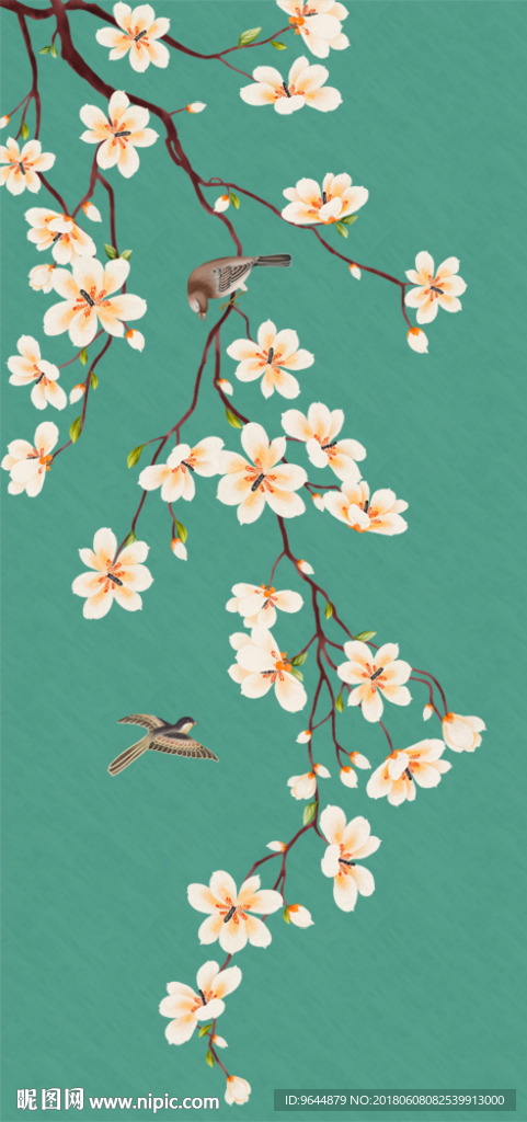 工笔玉兰手绘新中式花鸟玄关