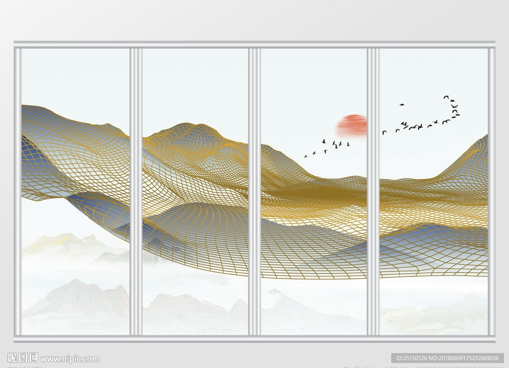 新中式抽象线条山川飞鸟移门