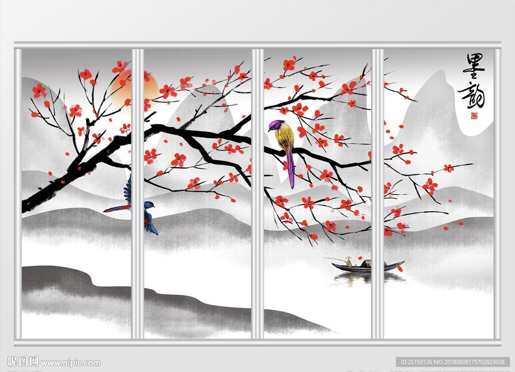新中式花鸟山水画移门