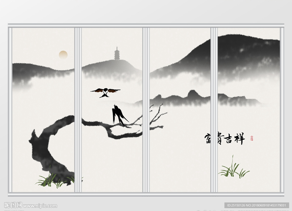 中国风富贵吉祥水墨山水移门