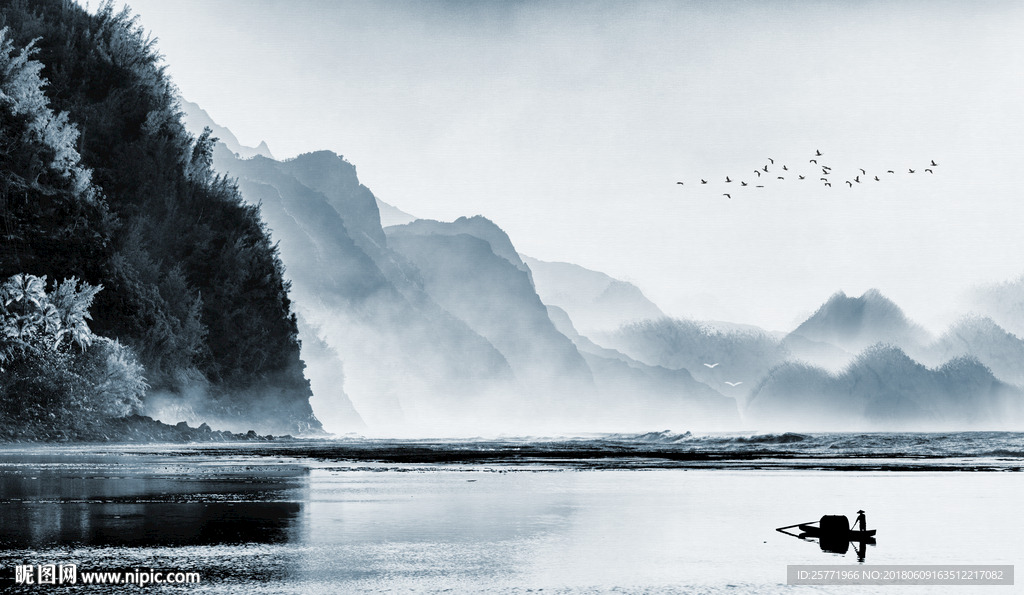 大型新中式简约水墨山水背景