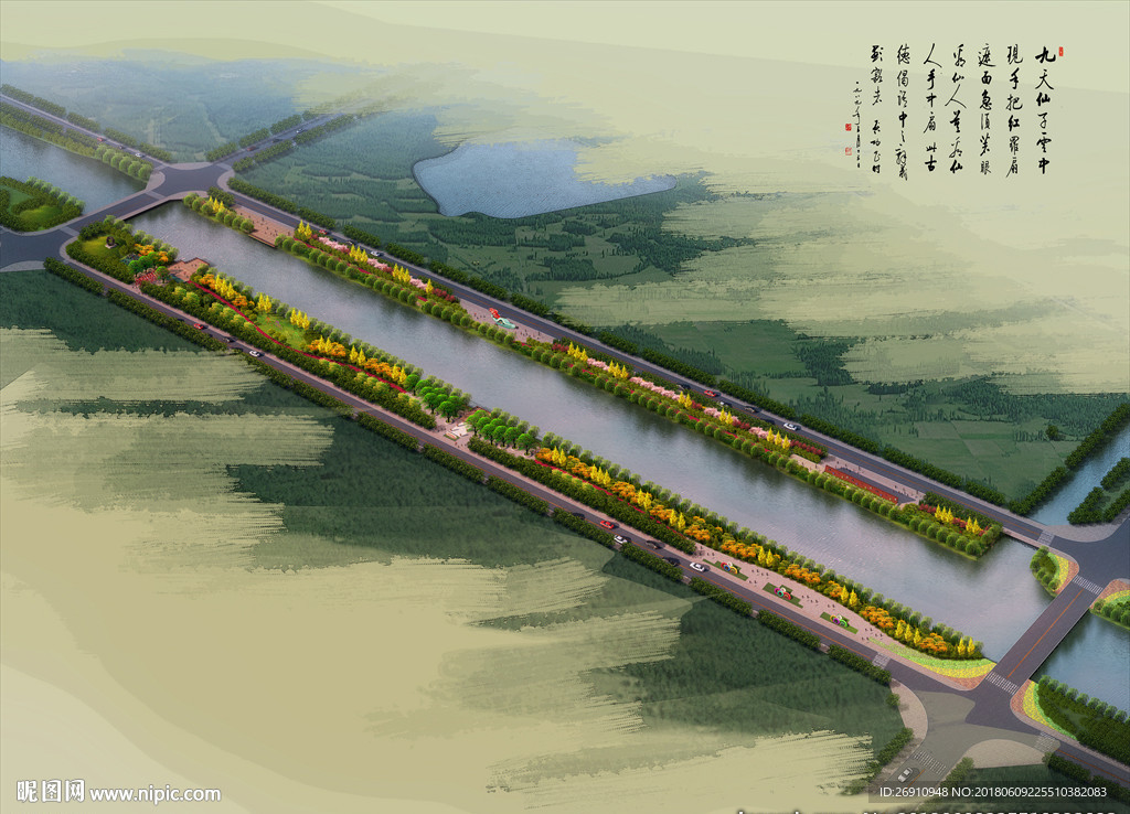 河道两边景观鸟瞰图