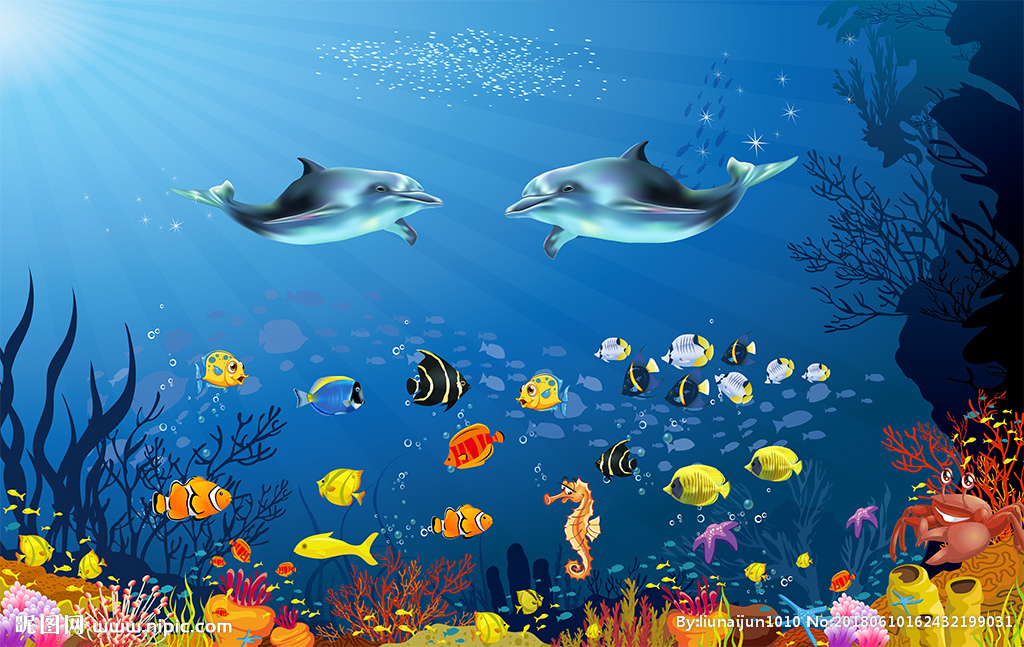 时尚手绘动画海底世界儿童背景墙