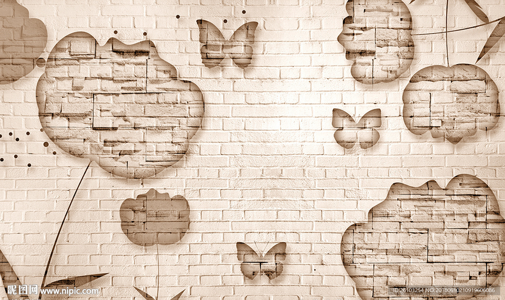 简约蝴蝶砖墙花卉电视背景墙
