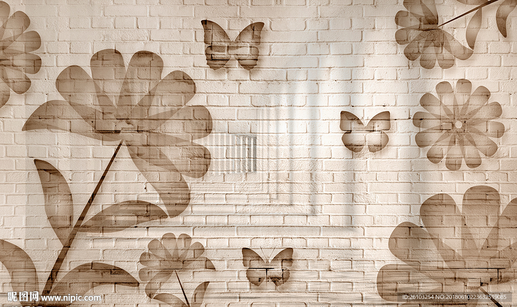 简约花卉蝴蝶砖墙电视背景墙