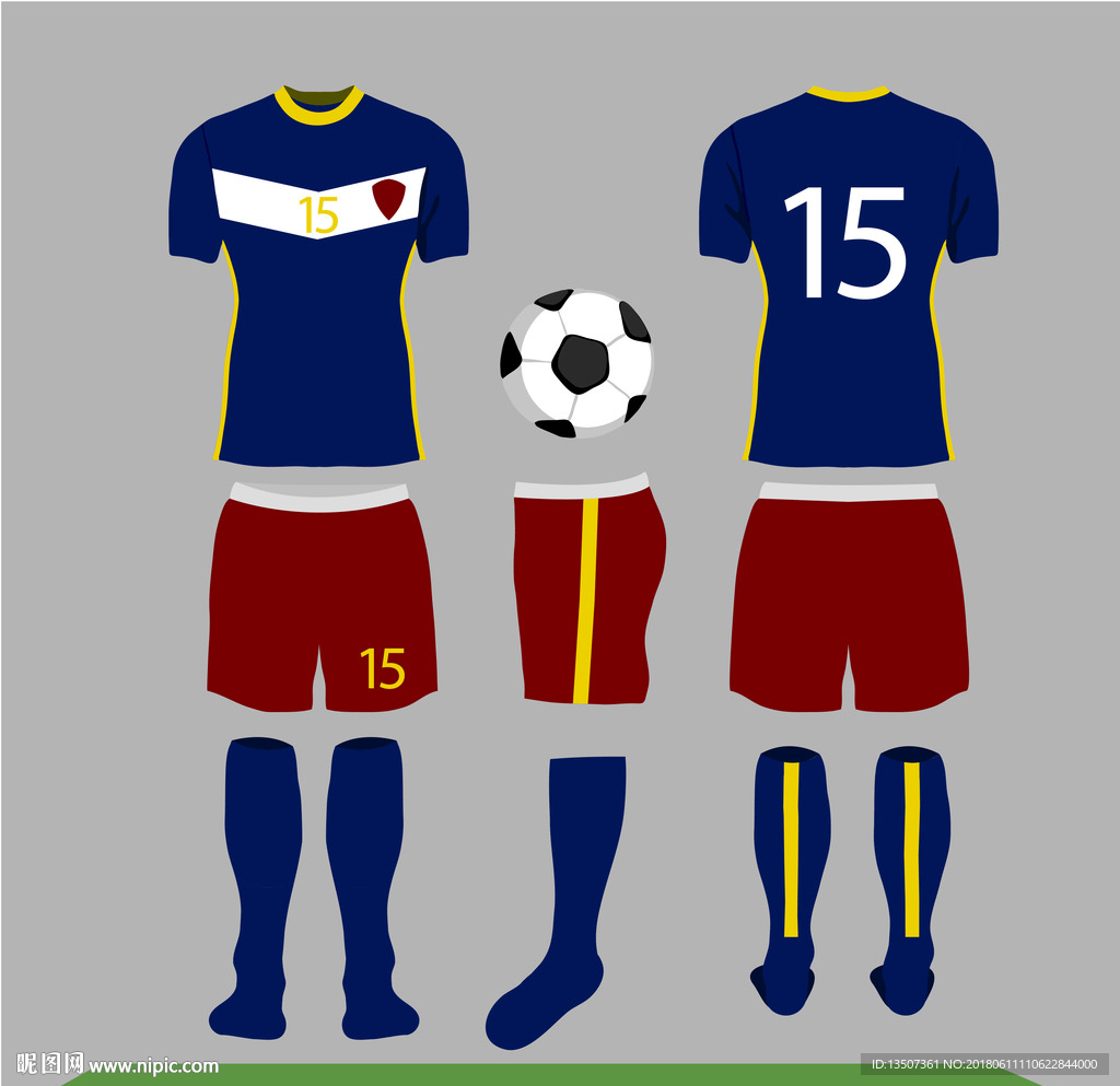 手绘三维立体蓝色足球队服球衣设计图