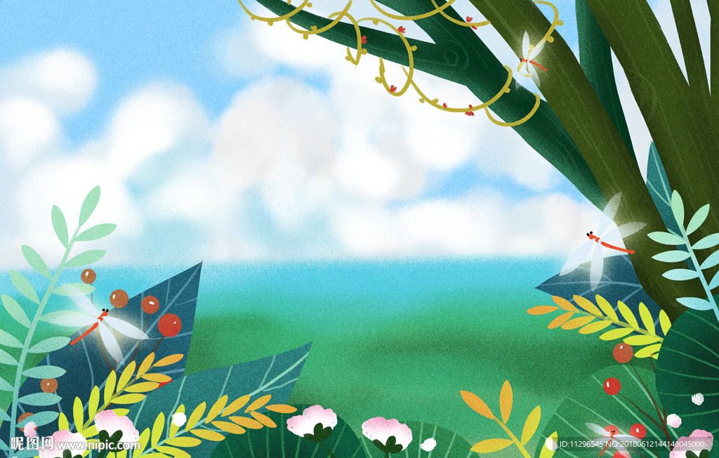 夏季出游春游季手绘插画海报背景
