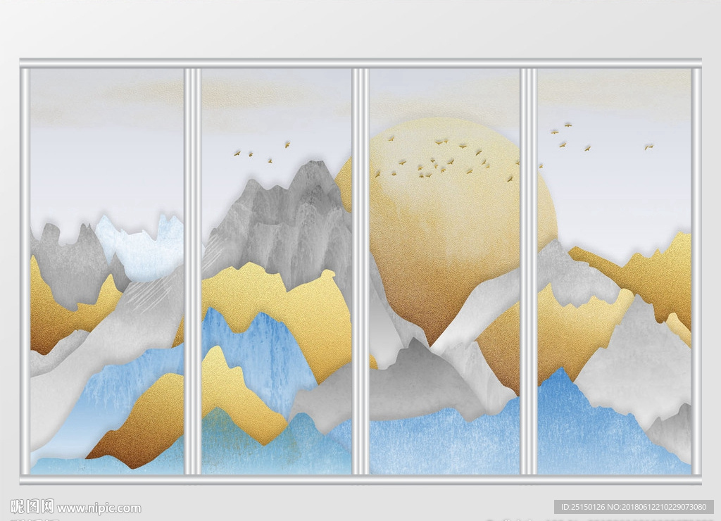 新中式手绘山水金箔画移门