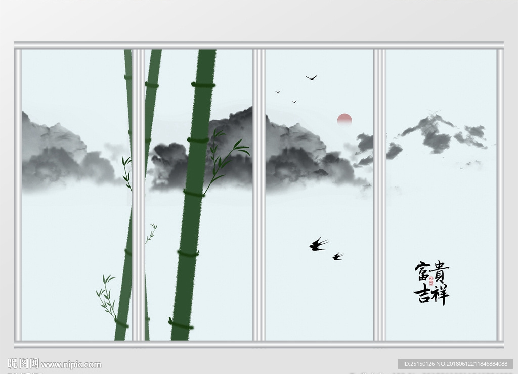 中国风富贵吉祥古风绿竹移门