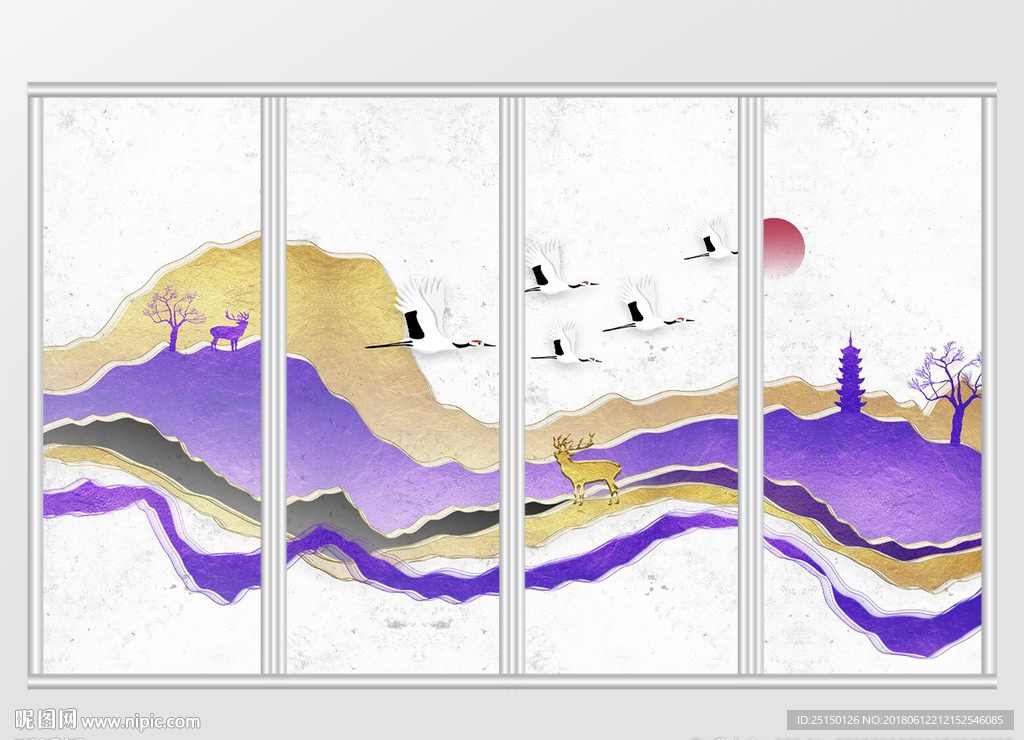 中式抽象质感紫金意境山水移门